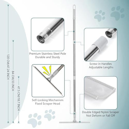 Carpet Rake for Pet Hair Removal, FireBee 47" Adjustable Long Handle Pet Hair Remover, Self-Locking Fixed Nylon Head, Easy Storage, Large Fur Scraper Tool for Rugs, Couch, Stair & Pet Beds