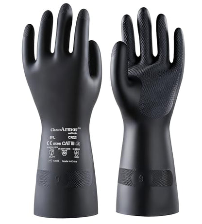 AnTools 2 Pairs Heavy-Duty Chemical Resistant Rubber Gloves, Protective Industrial Gloves for Cleaning, Dishwashing, Resist Acid, Alkali, Hazmat, Black, Large - size: Large (Pack of 2)