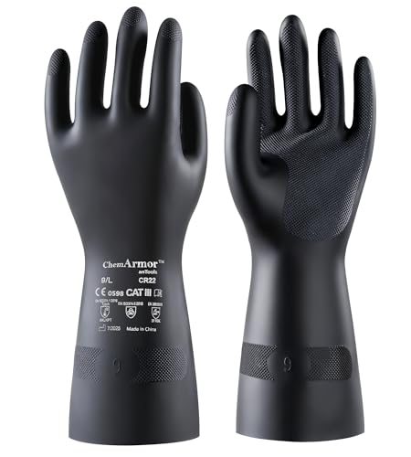 AnTools 2 Pairs Heavy-Duty Chemical Resistant Rubber Gloves, Protective Industrial Gloves for Cleaning, Dishwashing, Resist Acid, Alkali, Hazmat, Black, Large - size: Large (Pack of 2)