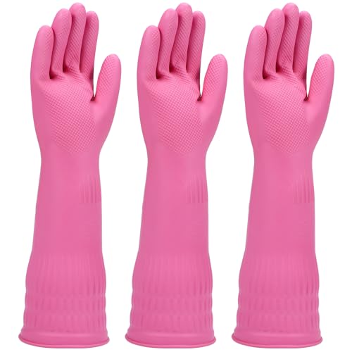 Rubber dishwashing gloves 3 or 6 Pairs for kitchen,Cleaning washing dish gloves long for household reuseable durable. - color: Pink, size: Medium (Pack of 3)