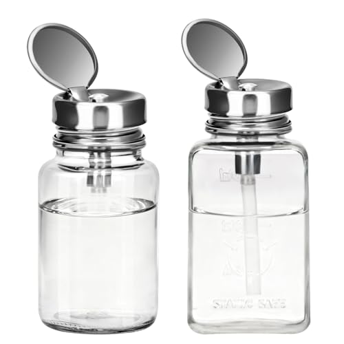 2 Pcs Clear Pump Dispenser Bottles (180ml/6Oz + 100ml), Glass Push Down Liquid Dispenser with Metal Flip Cover, Refillable Press Container for Nail Polish Remover, Makeup Remover & Lotion - size: Circle + Square