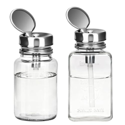 2 Pcs Clear Pump Dispenser Bottles (180ml/6Oz + 100ml), Glass Push Down Liquid Dispenser with Metal Flip Cover, Refillable Press Container for Nail Polish Remover, Makeup Remover & Lotion - size: Circle + Square