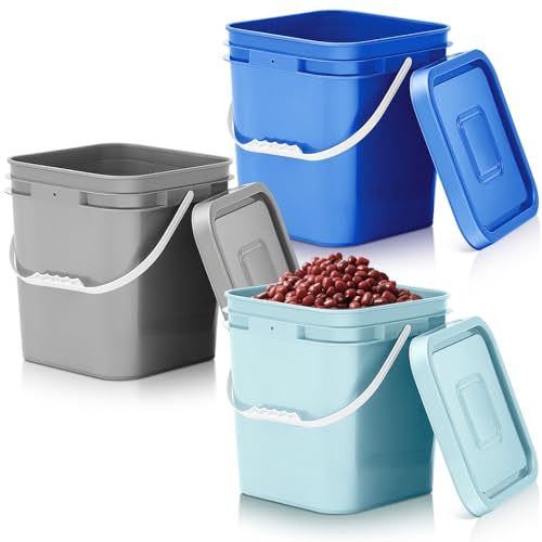 Mumufy 3 Pcs 3.5 Gallon Square Food Grade Bucket with Lid Square Bucket Pail Plastic Handles for Long Term Food Storage, Camping, Fishing, Home Organization Easy Stack and Store (Aqua,Gray,Blue) - color: Aqua,gray, Blue