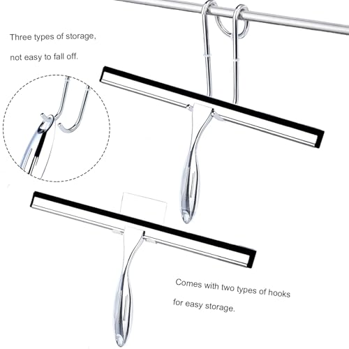 Shower Squeegee, 12 Inch Bathroom Squeegee with Spare Silicone Blade, Shower Door Hook and Adhesive Hook Glass, Stainless Steel Squeegee for Shower Glass Window Bathroom Mirror(12in-Silver-Pack of 1)