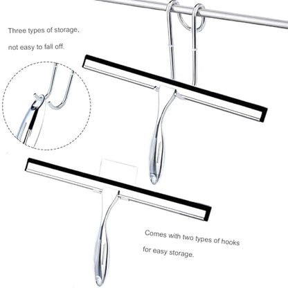 Shower Squeegee, 12 Inch Bathroom Squeegee with Spare Silicone Blade, Shower Door Hook and Adhesive Hook Glass, Stainless Steel Squeegee for Shower Glass Window Bathroom Mirror(12in-Silver-Pack of 1)