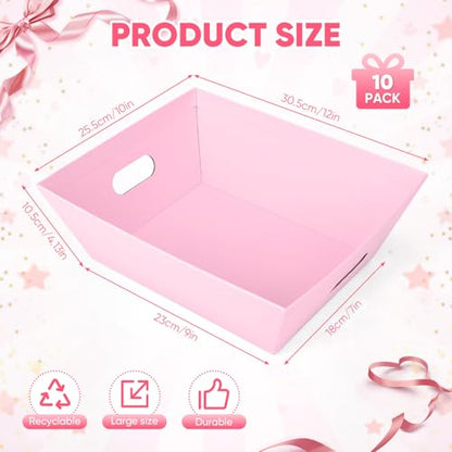 AFOROEOA 10PACK Pink Baskets For Gifts Empty, 10x12” Thick Gift Basket with 10 Bows 10 Bags Empty Gift Baskets for Christmas, Valentine’s Day, Easter, Birthdays, Valentine’s Day Wrapping Gift - color: 10 Pink