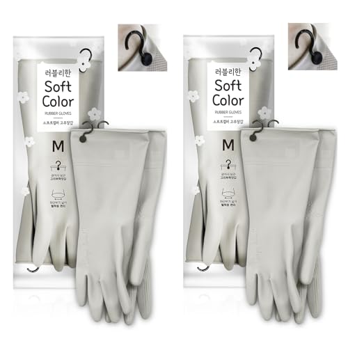 Myungjin 2 Pairs Reusable Waterproof Non-Slip Honeycomb Grip Latex Rubber Gloves with Hang-Dry Hooks/Hanging Loops for Dishwashing Household Cleaning Cooking (Medium OverFit) - size: Medium (OverFit)