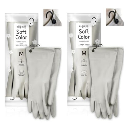 Myungjin 2 Pairs Reusable Waterproof Non-Slip Honeycomb Grip Latex Rubber Gloves with Hang-Dry Hooks/Hanging Loops for Dishwashing Household Cleaning Cooking (Medium OverFit) - size: Medium (OverFit)