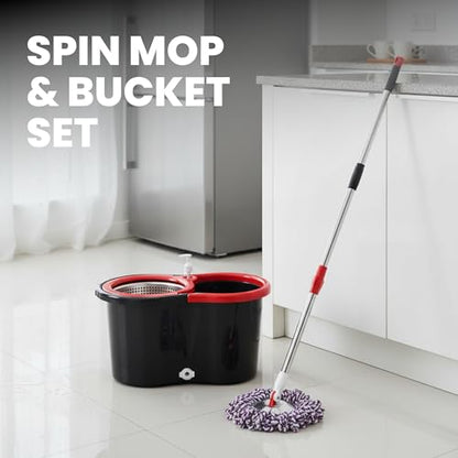 Spin Mop & Bucket Set with 2 Microfiber Mop Heads – Durable Stainless Steel & ABS Build – Black Red, Blue, Purple Colors – Bucket with 90–120cm Telescopic Handle