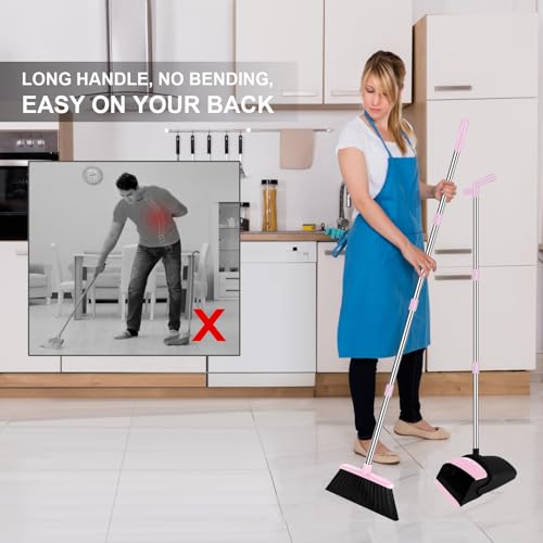 Pink Broom with Dustpan Combo Set, 51" Long Handle Household Cleaning Tool, Ideal Broom and Dustpan Set for Pet Hair and Home Use - color: Pink