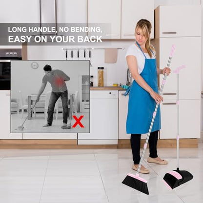 Pink Broom with Dustpan Combo Set, 51" Long Handle Household Cleaning Tool, Ideal Broom and Dustpan Set for Pet Hair and Home Use - color: Pink
