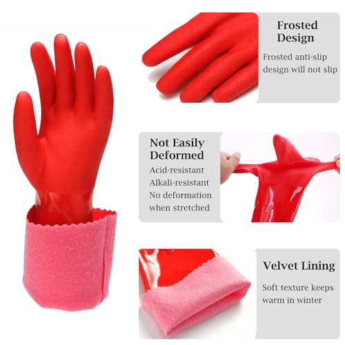KAQ PVC Rubber Gloves with Cotton Lined: Anti-Slip Dishwashing Gloves 3 Pairs for Kitchen Washing Dishes - Heavy Duty Household for Working Painting Pet Care Handling Chemicals