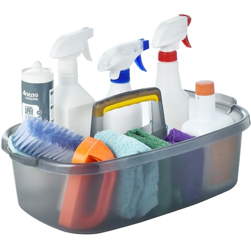 Large Cleaning Caddy with Handle, Cleaning Tool Storage Basket Organizer, Sturdy Pail Bucket Organizer, Household Bucket for Cleaning Supplies - Clear Grey - color: Clear Grey