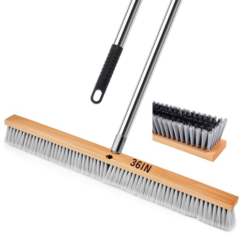 Maxdot 1 Pcs 36" Push Broom with Stainless Steel Telescopic Handle, Polypropylene Bristles, Heavy Duty Outdoor Indoor Push Large Broom with Handle for Smooth Surface Home and Garage Sweeping - color: Beige ,Silver and Black