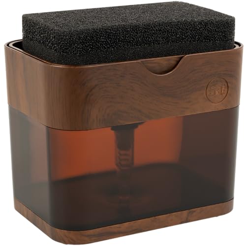 S&T INC. Dish Soap Dispenser and Sponge Holder for Kitchen Sink, Waterproof Labels and Sponge Included, 13 Ounces, Plastic, Walnut and Amber - color: Walnut and Amber