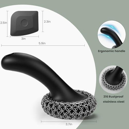 Cast Iron Scrubber with Long Handle | 316 Cast Iron Cleaner Chainmail Scrubber for Cast Iron Pan Skillet Cleaner - Dish Scouring Pad Dishwasher Safe Cleaning Kit (Black, 1 Scrubber + 1 Scraper) - color: Black, 1 Scrubber + 1 Scraper