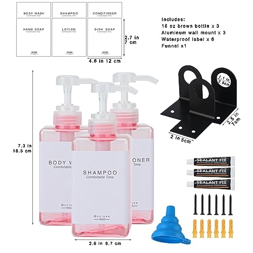 Refillable Shampoo and Conditioner Bottles for Shower Wall,Shampoo and Conditioner Dispenser with Pump No Drill (3 Bottles 3 Wall Mounts-Pink) - color: 3 Bottles 3 Wall Mounts-pink
