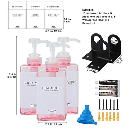 Refillable Shampoo and Conditioner Bottles for Shower Wall,Shampoo and Conditioner Dispenser with Pump No Drill (3 Bottles 3 Wall Mounts-Pink) - color: 3 Bottles 3 Wall Mounts-pink