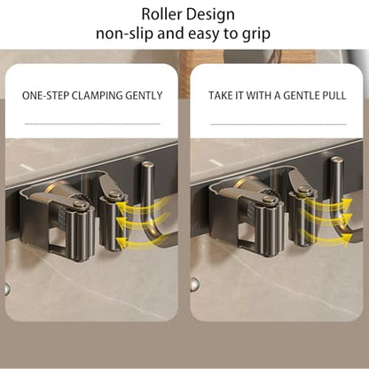 Wall-Mounted Broom Holder Stainless Steel Mop Storage Rack Laundry Room Storage Solution Suitable for Kitchens, Gardens, Garages (Silver: 5 clips with 6 hooks) - color: Silver: 5 clips with 6 hooks
