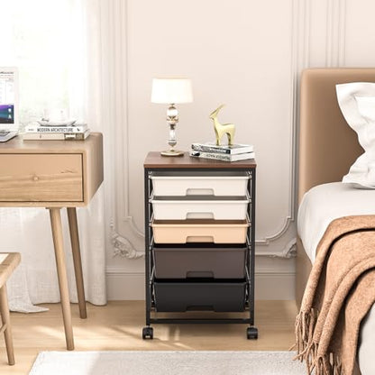 SYKIARIOL Utility Cart with 5 Drawers,Storage Drawer Cart with Wooden Tabletop and Lockable Wheels,Craft Storage Trolley Cart,5-Tier Rolling Utility Cart on Wheels,Dark Brown - color: Dark Brown