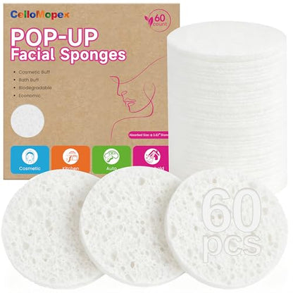 3.15in Large Compressed Facial Sponges 60 Pcs, 100% Natural Cellulose Face Sponges for Cleansing, Gentle Exfoliating, Makeup & Mask Removal, Spa Skincare, Travel Essentials for Women (White, Reusable) - color: White