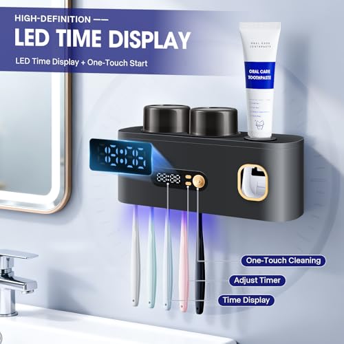 Toothbrush Sterilizer Holders,Smart Drying and Cleaning Wall Mounted Holder with Automatic Toothpaste Dispenser, 5 Brush Slots 2 Cups for Bathroom (Gray) - color: Gray