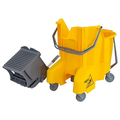 Unger Commercial 8-Gallon Dual-Compartment Mop Bucket with Side Press Wringer – Yellow, Ergonomic Design for Efficient Floor Cleaning COMBY