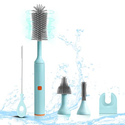 Electric Baby Bottle Brush Set with Rechargeable Electric Bottle Brush Cleaner and Replaceable Silicone Bottle Brushes and Straw Brush Cleaner, Waterproof Multi-Purpose Cleaning Brush(Blue) - color: Blue