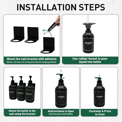 Matte Black Shampoo and Conditioner Dispenser 3 Chamber Set– No Drill Wall Mounted, Shower Soap Pump Bottles, Refillable Bathroom Body Wash Dispensers with Waterproof Labels