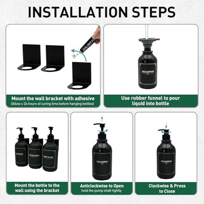 Matte Black Shampoo and Conditioner Dispenser 3 Chamber Set– No Drill Wall Mounted, Shower Soap Pump Bottles, Refillable Bathroom Body Wash Dispensers with Waterproof Labels