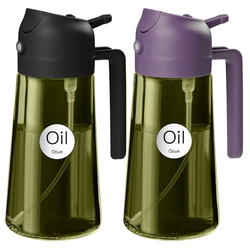 YARRAMATE 2Pcs 16oz/470ml Dark Green Oil Sprayer for Cooking with Stickers, Food-grade Premium 2 in 1 Olive Oil Dispenser Bottle for Kitchen Gadgets, Air Fryer, Salad, Frying, BBQ (Black&Purple) - color: 17_2Pcs Black&Purple