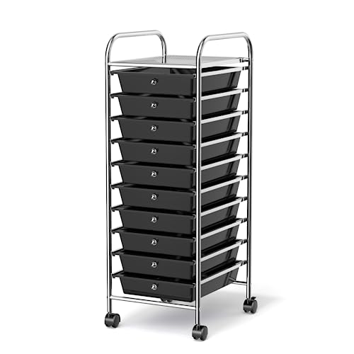 MEDIMALL 10 Drawers Rolling Storage Cart, Multipurpose Craft Storage Cart with Wheels, Mobile Tools Scrapbook Paper Organizer Cart for Office School Home Use (Black) - color: Black