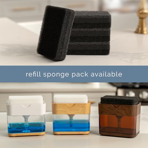 S&T INC. Dish Soap Dispenser and Sponge Holder for Kitchen Sink, Waterproof Labels and Sponge Included, 13 Ounces, Plastic, Walnut and Amber - color: Walnut and Amber