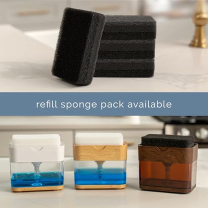 S&T INC. Dish Soap Dispenser and Sponge Holder for Kitchen Sink, Waterproof Labels and Sponge Included, 13 Ounces, Plastic, Walnut and Amber - color: Walnut and Amber