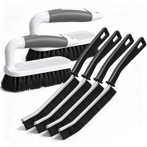 6 Pack Scrub Brushes for Cleaning Including Scrub Brush and Crevice Brush for Shower, Bathtub Scrubber with Handle Stiff Bristle Brushes for Kitchen, Sink, Carpet, Floor and Wall Surfaces