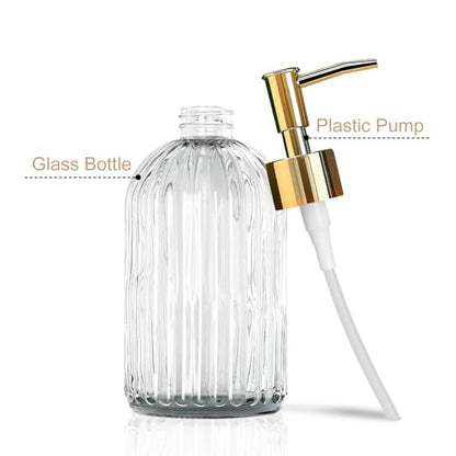 14Oz Gold Pump Glass Soap Dispenser, Clear Stripe Countertop Refillable Liquid Bottle Hand Dish Lotion Dispenser with Plastic Pump, for Kitchen, Bathroom - color: Clear