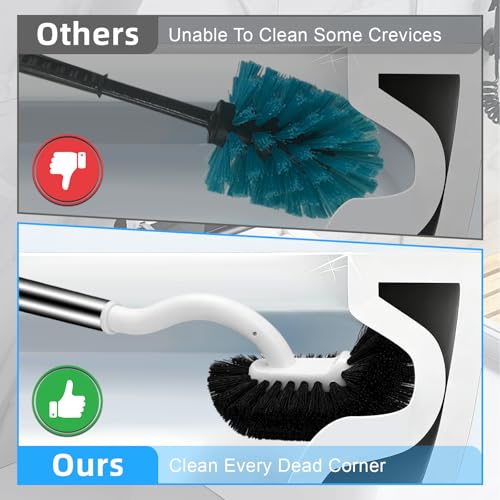 Toilet Brush and Holder Set, Curved Toilet Brush with Stainless Steel Handle, Under Rim Toilet Bowl Brush for Deep Cleaning, Drip-Proof, White