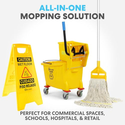 Simpli-Magic Side Press Wringer Combo Commercial Mop Bucket on Wheels, 35 Quart,Yellow, Including Wet Floor Caution Sign and Set, Polyethylene - color: Yellow Bucket, size: 35Q Capacity