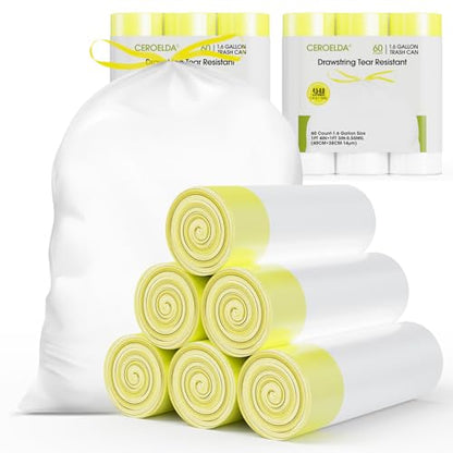 CEROELDA 1.6 Gallon Small Trash Bags, 120 Count Mini Drawstring Garbage Bags Unscented fit 4.5-8 Liter, 1.2-2 Gallon Thick Plastic Wastebasket Liners for Bathroom Bedroom Office Toilet - size: 120 Count