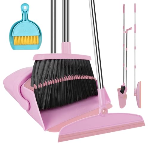 Broom and Dustpan Set with Floor Squeegee & Mini Hand Brush Set, Pink 52" Long Handle Upright Cleaning Combo with Self-Cleaning Teeth for Home Kitchen Pet Hair - color: Pink