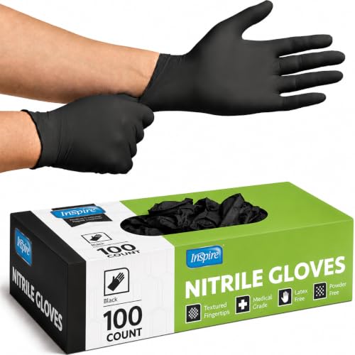 Inspire Black Nitrile Disposable Gloves | 4.5 Nitrile Disposable Safety Medical Cooking Cleaning Gloves - size: Medium, style: Black - Box of 100