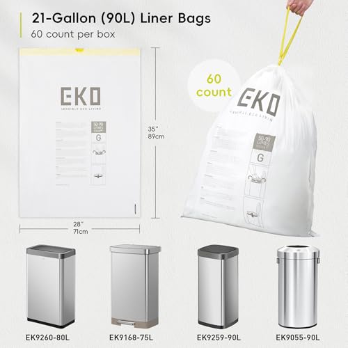 EKO 21 Gallon / 50-90 Liter, 60 Count Drawstring Trash Bags, Extra-Strong Garbage Bags, Fresh Floral Scent with Continuous Odor Control, Easy-Dispense Roll for Kitchen and Household Use, Code G, White - size: 60 Count (Pack of 1), style: 21 Gallon Bags/Co