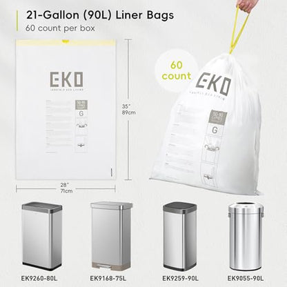 EKO 21 Gallon / 50-90 Liter, 60 Count Drawstring Trash Bags, Extra-Strong Garbage Bags, Fresh Floral Scent with Continuous Odor Control, Easy-Dispense Roll for Kitchen and Household Use, Code G, White - size: 60 Count (Pack of 1), style: 21 Gallon Bags/Co
