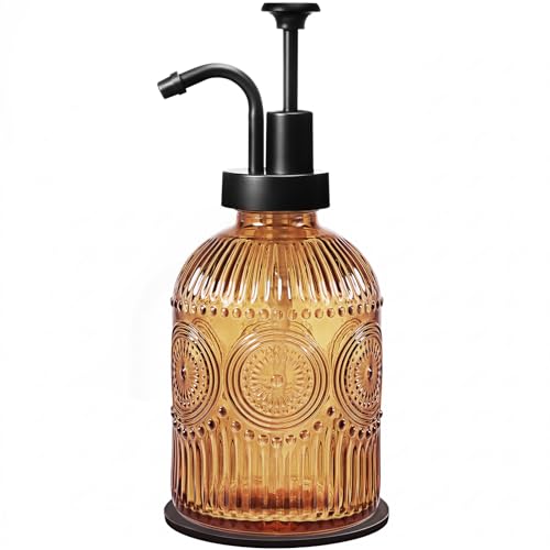Amolliar 12 Oz Vintage Glass Bathroom Soap Dispensers with Pump, Refillable Kitchen Dish Soap Dispenser with Stripe, Antique Rustic Hand Soap Liquid Bottle (Brown-Black Pump) - color: Brown-black Pump