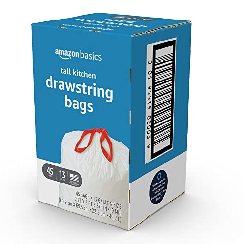Amazon Basics Tall Kitchen Drawstring Trash Bags, 13 Gallon, Unscented, 45 Count - size: 45 Count (Pack of 1)
