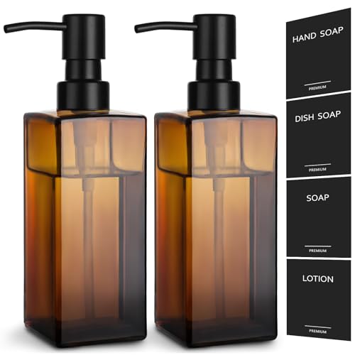 GMISUN Amber Glass Soap Dispenser, Hand Soap Dispenser with Stainless Steel Pump for Bathroom, 12 fl oz/350ml Refillable Dish Dispensers for Kitchen, Modern Liquid Lotion Bottles for Countertop - color: Amber Bottle + Black Pump, size: 2 Pack