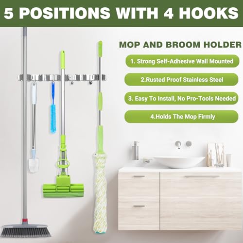 UNIFUN Broom Holder Wall Mount - Heavy Duty Stainless Steel Mop and Broom Organizer with 5 Racks 4 Hooks - Space Saving Storage for Kitchen Garage Garden - Easy Install Tool Hanger