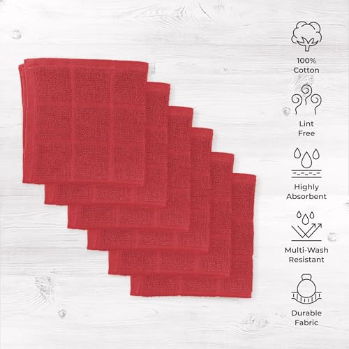 100% Cotton Dish Cloths for Dish Washing, Terry Dish Cloth, Cotton Dish Rags, 6 Pack, Super Soft and Absorbent, 12"x12" inches, Reusable Cleaning Cloth, RED Dish Cloth - color: Red - 6 Pack