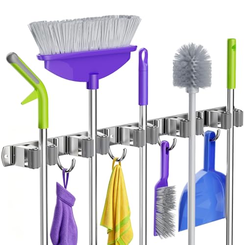 Broom Mop Holder Wall Mount, Heavy Duty Stainless Steel Mop Organizer with 5 Clamps and 4 Hooks, Wall Mounted Cleaning Tool Storage Rack for Home, Garage, Laundry Room and Garden