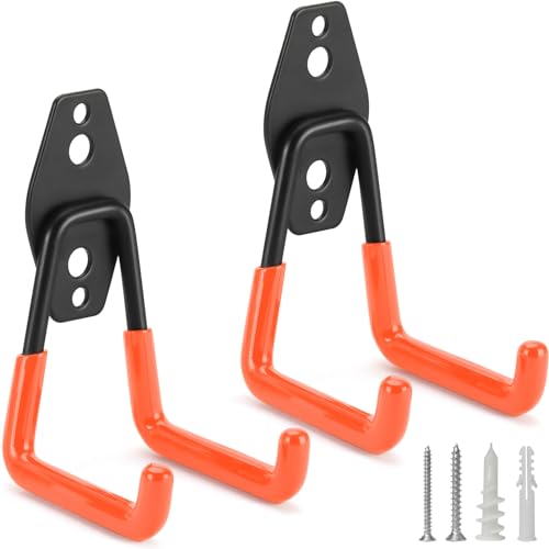 2 Pack Heavy Duty Garage Hooks Storage Organizer Wall Mount Power and Garden Tool Hangers, for Hanging Ladders, Ropes, Hose, Bulk Items - color: Orange 2 pack